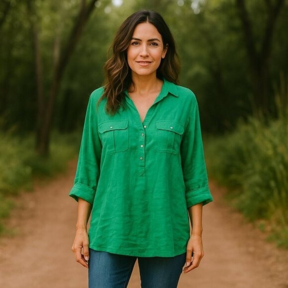 C&A CANDA Women L Teal Linen V Neck Collared Button Roll Tab Sleeve Y2K Blouse